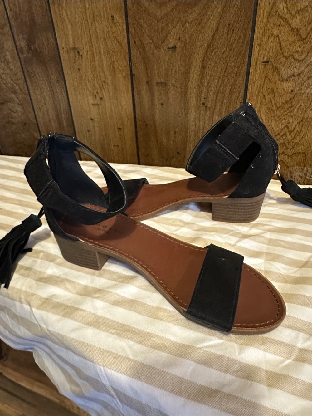 Rock & Candy Black Suede Ankle-Strap Block Heel Sandals